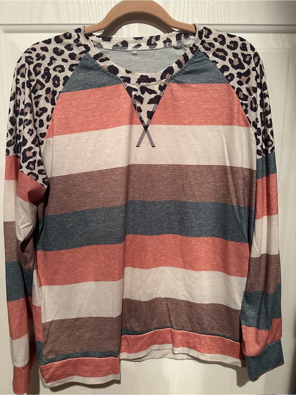 Striped Raglan Leopard Accent Long Sleeve Top - Coral, Teal, Brown